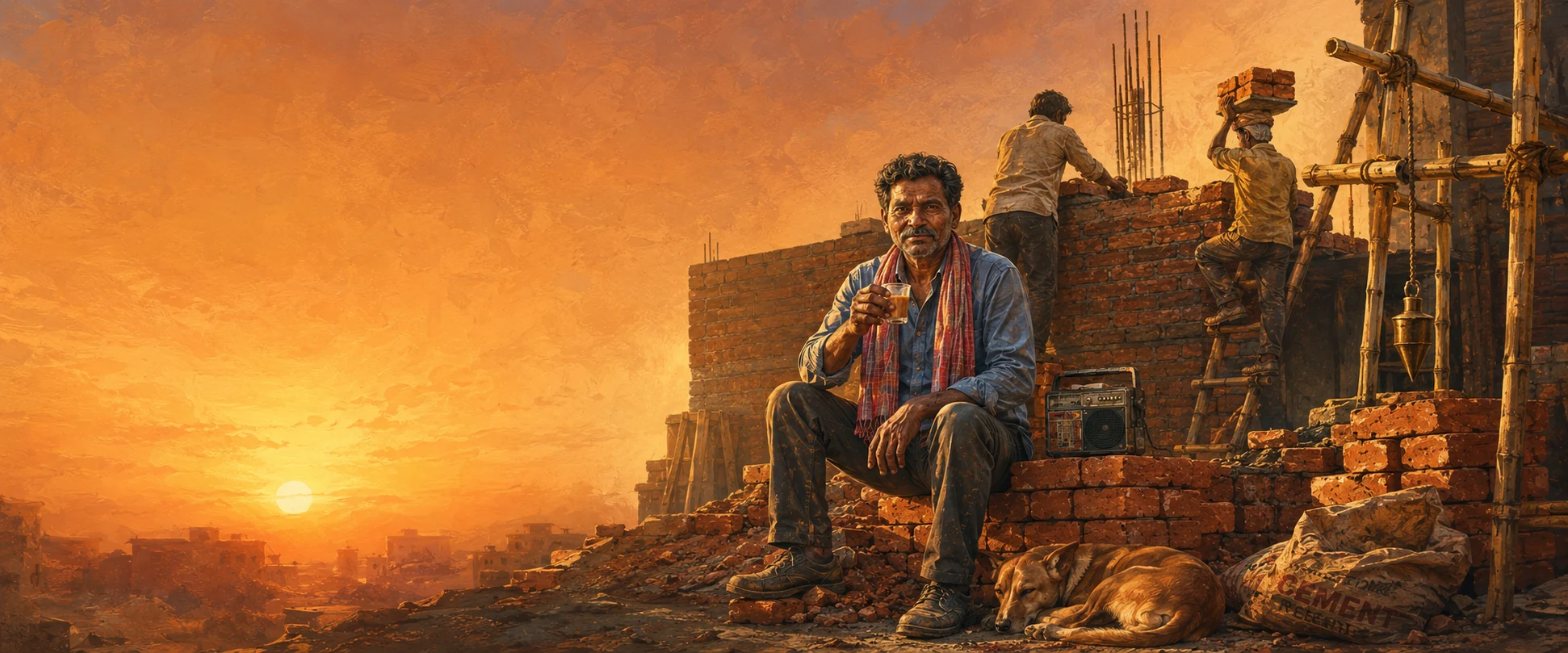 A mason resting with a glass of chai beside a transistor radio on a half-built brick wall at an Indian construction site, at sunset
